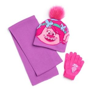 TROLLS Girls 4-6x Hat Scarf Gloves Set NWT